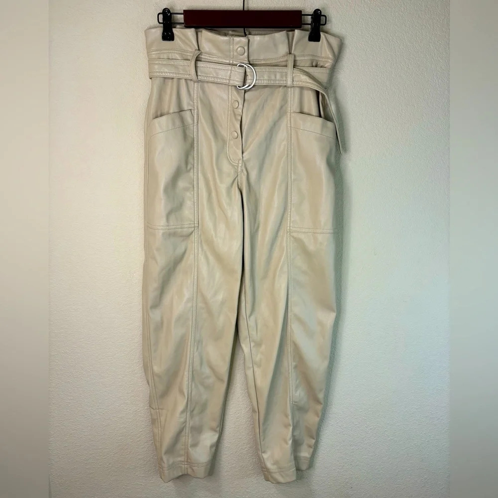 House of Harlow 1960 Cream Ecru Faux Leather High Waisted Belted Dress Pants